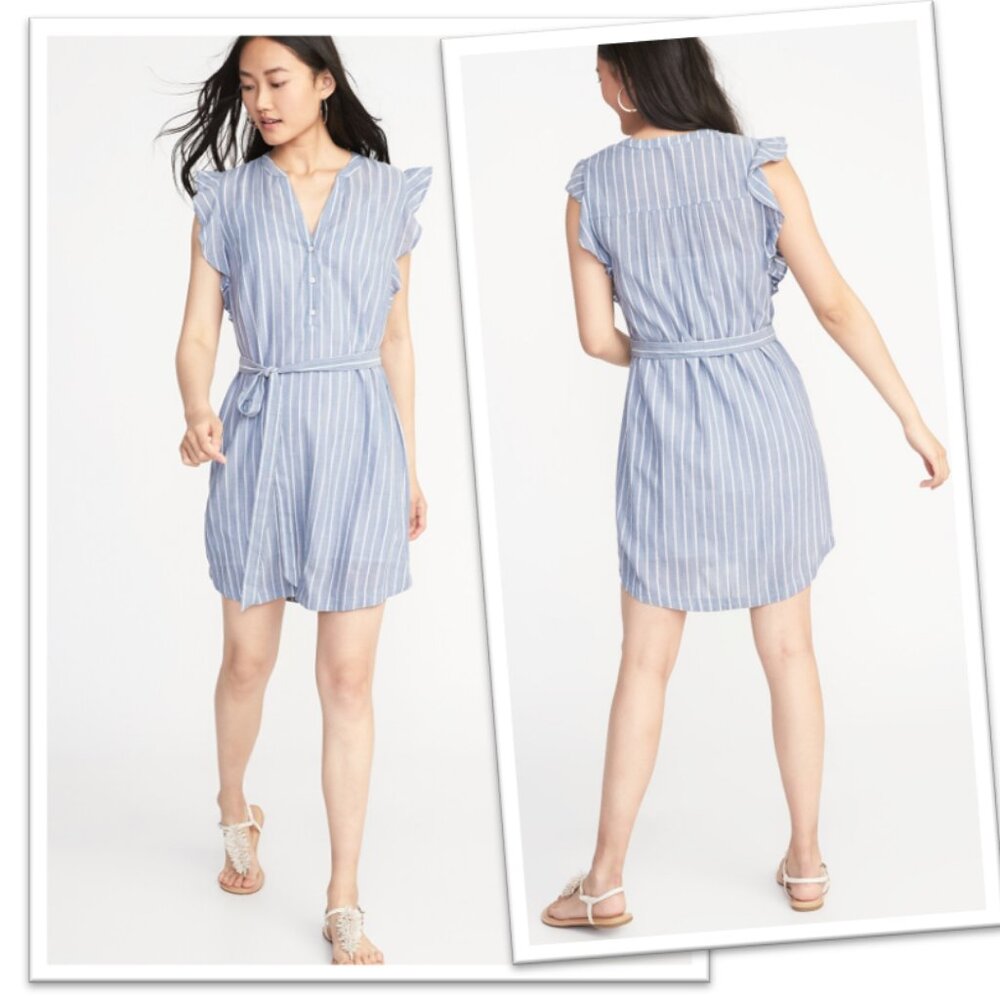 TO RELIST -Old Navy Flutter Sleeve Tie-Belt Shirt Dress - Chambray Stripes, Sz S - Picture 16 of 16